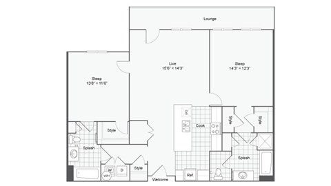 Floor plan for 2 beds, 2 baths, 1204 sqft