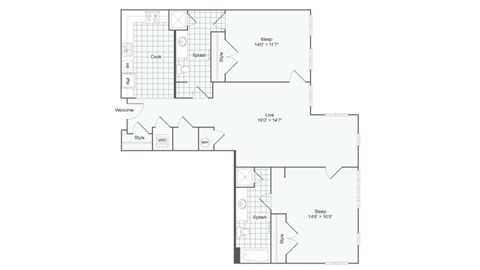 Floor plan for 2 beds, 2 baths, 1162 sqft