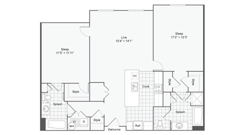 Floor plan for 2 beds, 2 baths, 1305 sqft