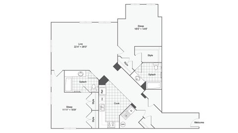 Floor plan for 2 beds, 2 baths, 1478 sqft