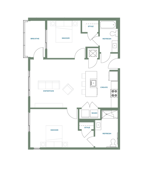 Floor plan for 2 beds, 2 baths, 1048 sqft