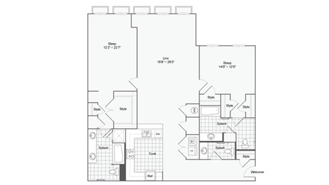 Floor plan for 2 beds, 2 baths, 1675 sqft