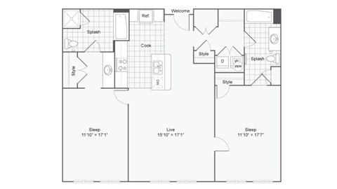 Floor plan for 2 beds, 2 baths, 1286 sqft