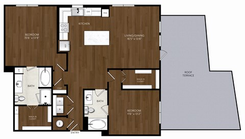 Floor plan for 2 beds, 2 baths, 1330 sqft