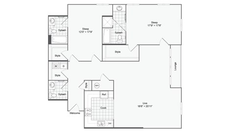 Floor plan for 2 beds, 2.5 baths, 1473 sqft