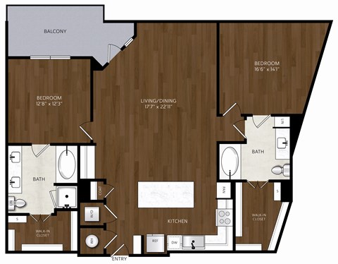 Floor plan for 2 beds, 2 baths, 1349 sqft
