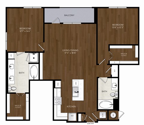 Floor plan for 2 beds, 2 baths, 1352 sqft