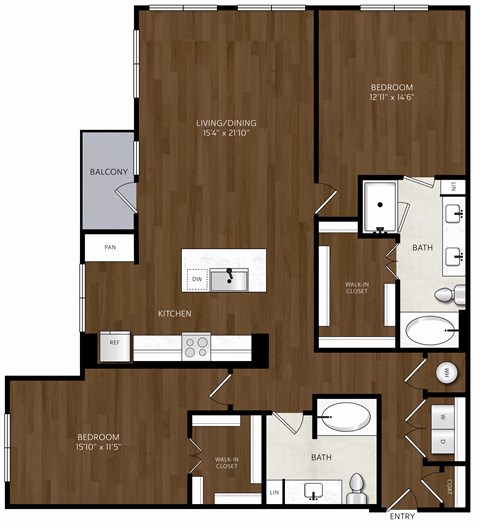 Floor plan for 2 beds, 2 baths, 1408 sqft