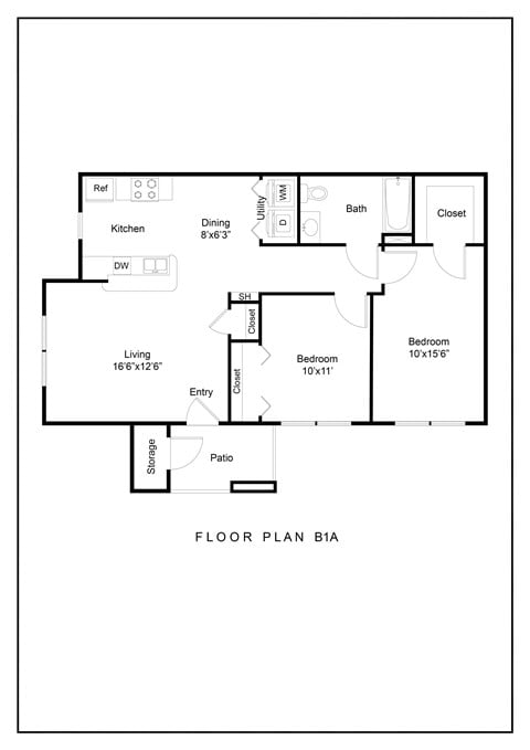 Floor plan for 2 beds, 1 bath, 960 sqft