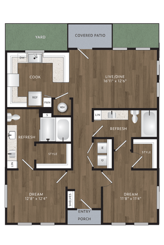 Floor plan for 2 beds, 2 baths, 1081 sqft