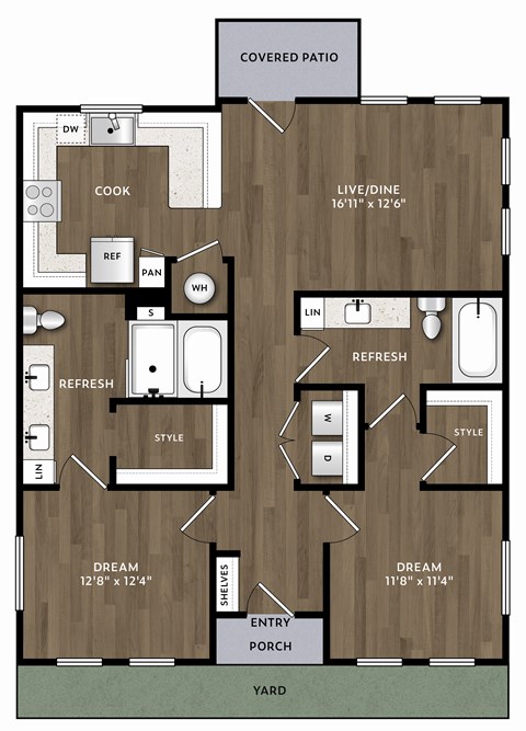Floor plan for 2 beds, 2 baths, 1081 sqft
