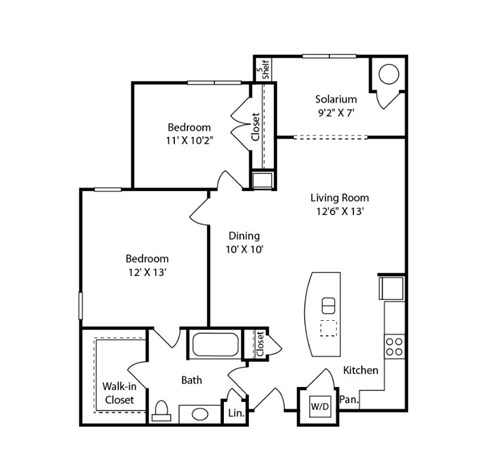 Floor plan for 2 beds, 1 bath, 1037 sqft