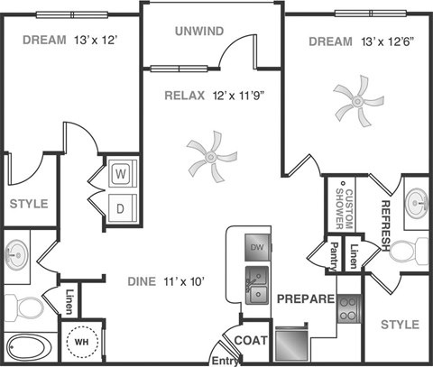 Floor plan for 2 beds, 2 baths, 1097 sqft