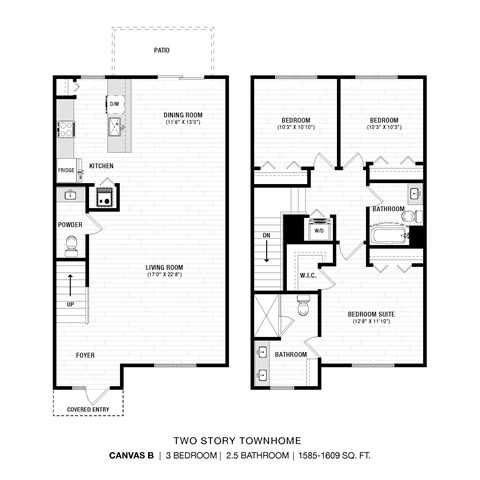 Floor plan for 3 beds, 2.5 baths, 1609 sqft