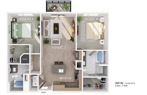 Floor plan for 2 beds, 2 baths, 1139 sqft