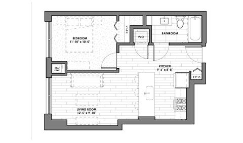 Floor plan for 1 bed, 1 bath, 576 sqft