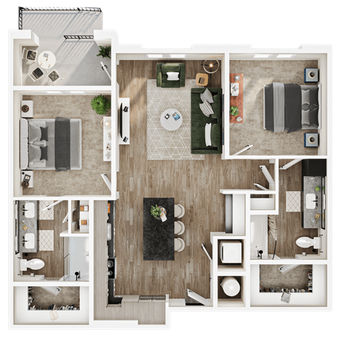 Floor plan for 2 beds, 2 baths, 1081 sqft
