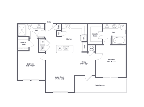 Floor plan for 2 beds, 2 baths, 1130 sqft