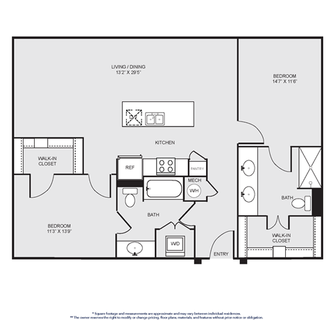 Floor plan for 2 beds, 2 baths, 1199 sqft