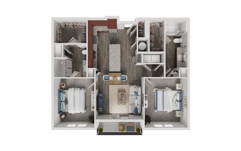 Floor plan for 2 beds, 2 baths, 1081 sqft