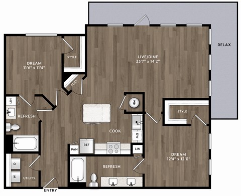 Floor plan for 2 beds, 2 baths, 1252 sqft