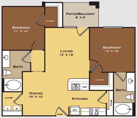 Floor plan for 2 beds, 2 baths, 998 sqft