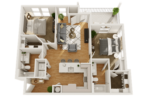 Floor plan for 2 beds, 2 baths, 1019 sqft