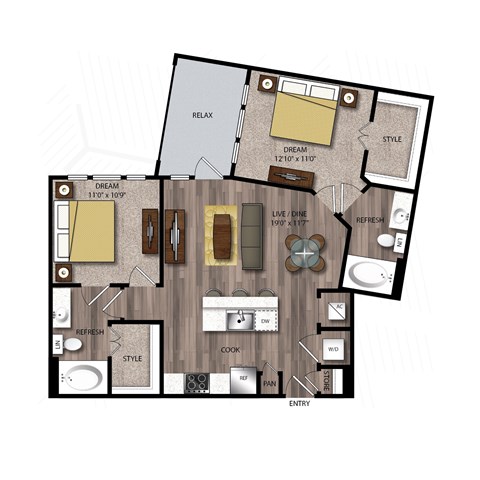Floor plan for 2 beds, 2 baths, 983 sqft