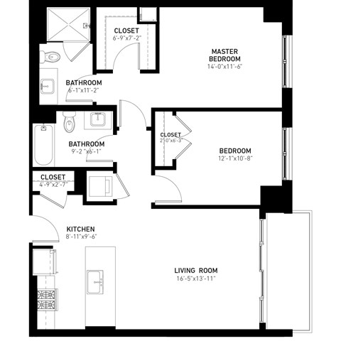 Floor plan for 2 beds, 2 baths, 1076 sqft