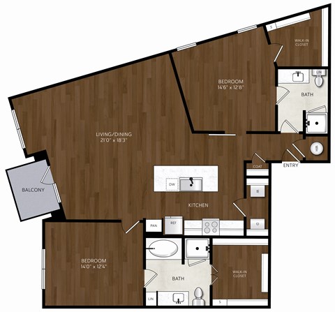 Floor plan for 2 beds, 2 baths, 1417 sqft