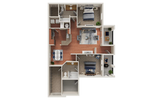 Floor plan for 2 beds, 2 baths, 1254 sqft
