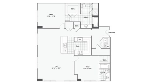Floor plan for 2 beds, 2.5 baths, 1577 sqft