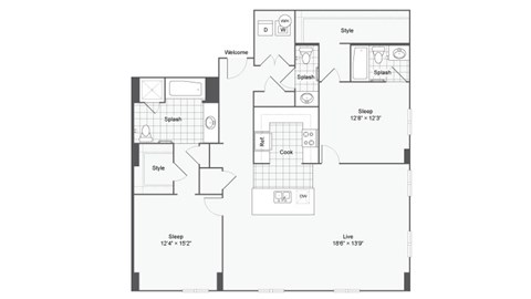 Floor plan for 2 beds, 2.5 baths, 1499 sqft