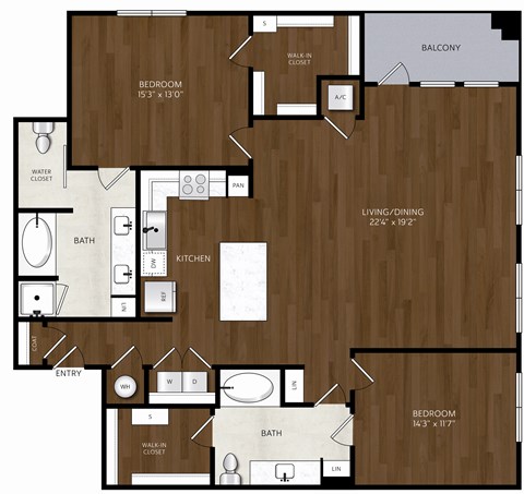 Floor plan for 2 beds, 2 baths, 1492 sqft