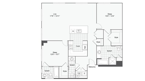 Floor plan for 2 beds, 2.5 baths, 1377 sqft