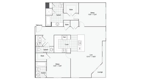 Floor plan for 2 beds, 2.5 baths, 1313 sqft