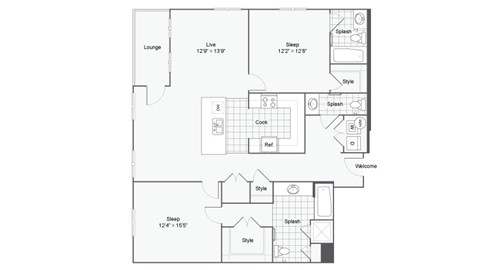 Floor plan for 2 beds, 2.5 baths, 1314 sqft