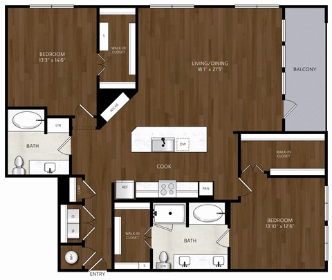 Floor plan for 2 beds, 2 baths, 1523 sqft