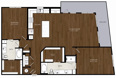 Floor plan for 2 beds, 2 baths, 1572 sqft