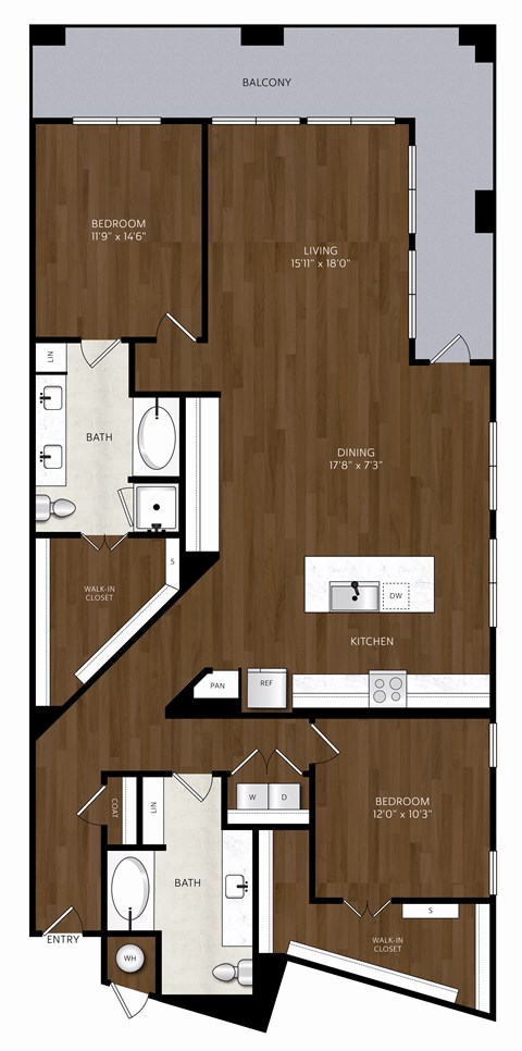 Floor plan for 2 beds, 2 baths, 1667 sqft