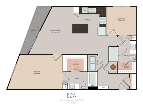 Floor plan for 2 beds, 2 baths, 1171 sqft