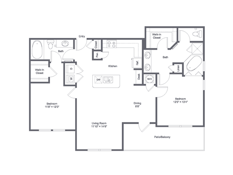 Floor plan for 2 beds, 2 baths, 1175 sqft