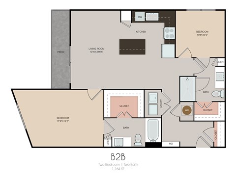 Floor plan for 2 beds, 2 baths, 1164 sqft