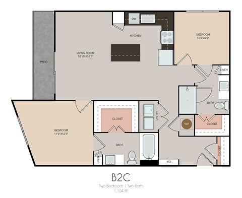 Floor plan for 2 beds, 2 baths, 1104 sqft