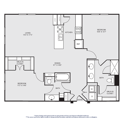 Floor plan for 2 beds, 2 baths, 1335 sqft