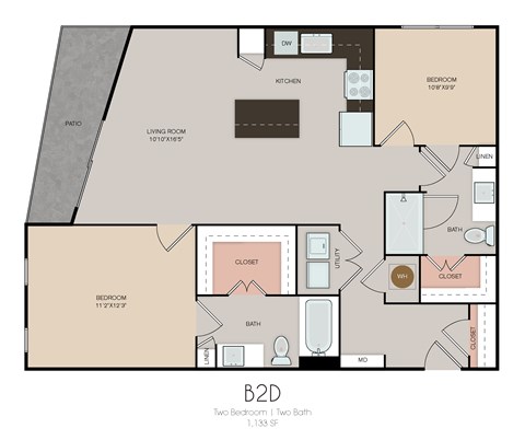 Floor plan for 2 beds, 2 baths, 1133 sqft