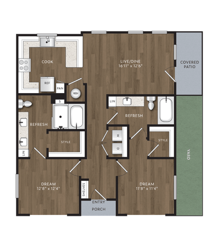 Floor plan for 2 beds, 2 baths, 1081 sqft