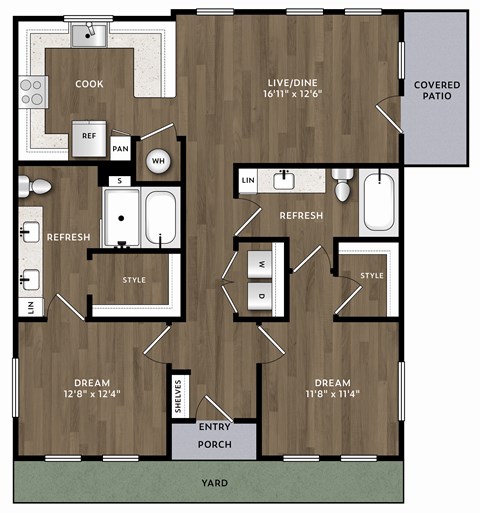 Floor plan for 2 beds, 2 baths, 1081 sqft