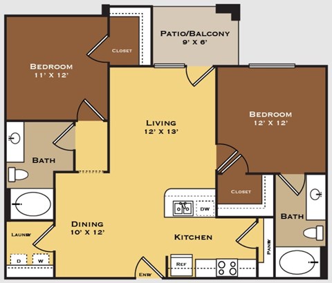 Floor plan for 2 beds, 2 baths, 998 sqft