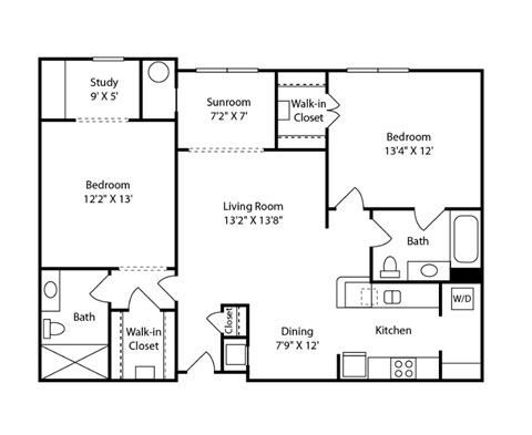 Floor plan for 2 beds, 2 baths, 1143 sqft